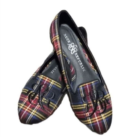 Rock and Republic Red Plaid Embroided Logo Flats Size 5.5 - Picture 1 of 7